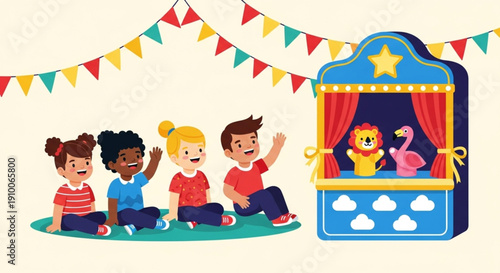 World Puppetry Day Children enjoying a puppet show performance with colorful decorations, fostering imagination and entertainment