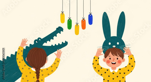 World Puppetry Day A girl and boy play with a crocodile and bunny shadow puppets with colorful tags hanging above them