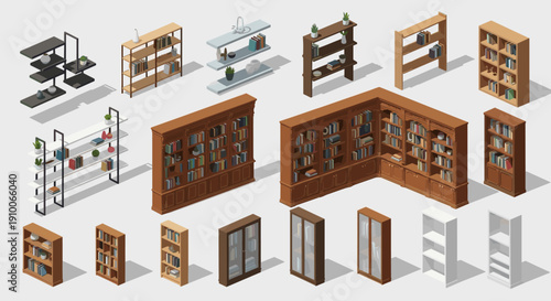 Diverse Isometric Collection of Modern and Classic Bookshelves and Shelving Units for Interior Design Projects and Home Organization Solutions