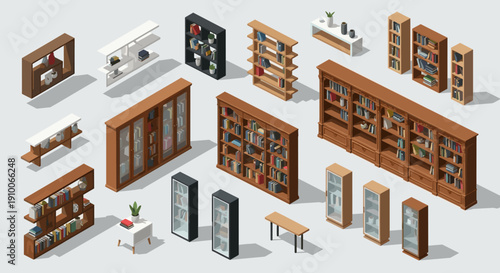 Isometric collection of diverse wooden and modern bookshelves with various display cabinets for interior design concepts and home storage solutions