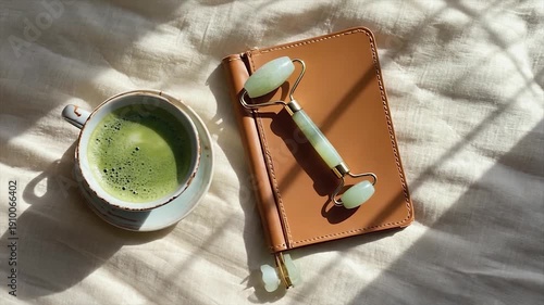 A still-life image, a cup of green matcha, a jade roller, and a leather notebook on linen