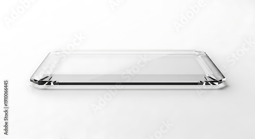Clear rectangular tray on white background, angled view, reflecting light, with slight depth