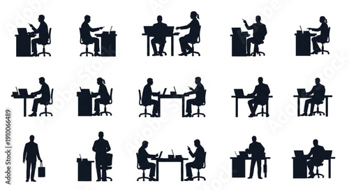 Office workers silhouettes in various poses at desks.