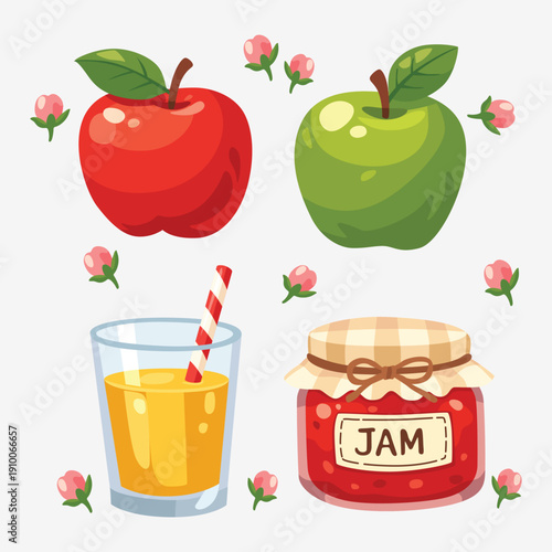 Set of Red and Green Apple Fruit, Fresh Juice Glass with Straw, and Homemade Jam Jar Illustration Vector.