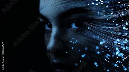 Close-up portrait of person with fiberoptic strands surrounding face, glowing illuminated tubes, high-detail cinematic lighting, futuristic fashion aesthetic