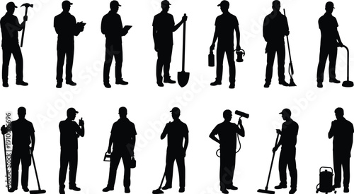 Cleaning workers silhouette set, professional janitors and maintenance staff with tools isolated on white background vector illustration collection