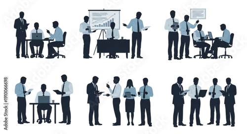 Business meeting silhouettes in various office settings.
