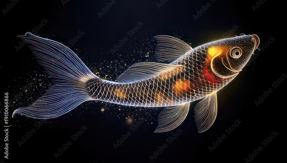 Fototapeta premium Elegant Koi Fish Illustration with Intricate Details on Black Background.