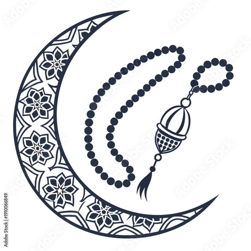 A vector graphic illustration of a crescent moon with floral patterns and a rosary