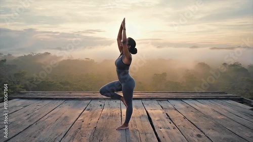 A woman performs a yoga pose on a wood deck overlooking a foggy forest at sunrise