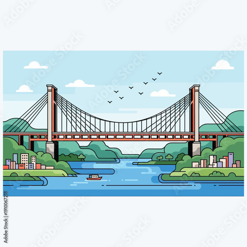 Modern suspension bridge spanning over wide river connecting city shores