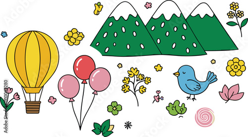 Cute nature doodle set with hot air balloon mountains flowers and bird cartoon vector illustration