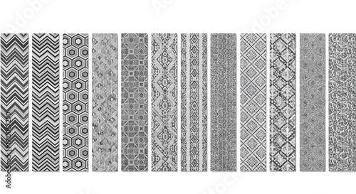 A series of nine black and white abstract patterns arranged in a horizontal row.