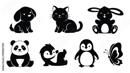 A delightful collection of black and white animal silhouettes featuring cats, rabbits, pandas, and penguins. isolated on white background, Vector