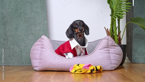 A dachshund in a red and white shirt sits upright on a light purple soft dog bed on a wooden floor, holding a yellow sock in his mouth and dropping it