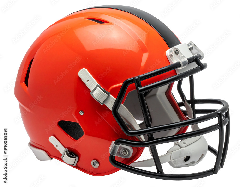 Fototapeta premium Red or orange american football helmet with black and grey stripe along the crown of the hel isolated on transparent or white background