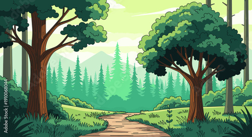 A serene pixelated forest landscape with a winding dirt path and lush green trees.