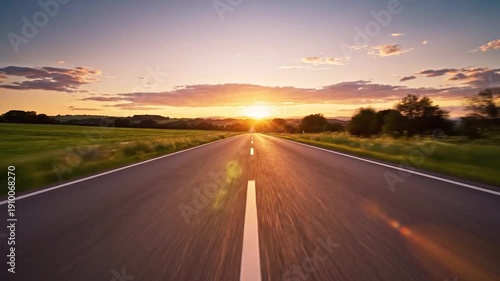 A straight asphalt road leads into a vibrant sunset over green fields.