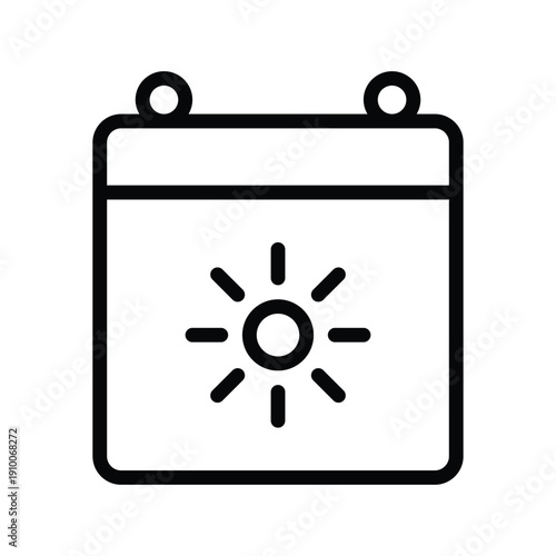 A simple line art icon of a calendar page featuring a sun symbol, indicating good weather or a sunny day. Event and Calendar single line icon UI design.