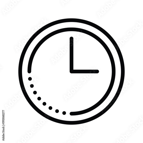 A minimalist line drawing of an alarm clock, featuring two bells on top and a circular face with hands indicating the time. Event and Calendar single line icon UI design.