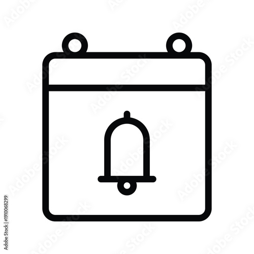 A simple black and white line art icon representing a calendar with a bell symbol inside, indicating an event or reminder. Event and Calendar single line icon UI design.