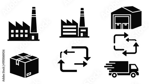 Illustration of industrial manufacturing, logistics, and supply chain management processes isolated on white background, Vector