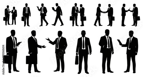 Silhouettes of businessmen in various poses and actions.
