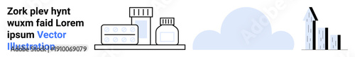 Healthcare, business growth, medical industry, data analysis, cloud storage, wellness. Pill bottles, bar chart increasing upward and a cloud icon. Healthcare and business growth concept