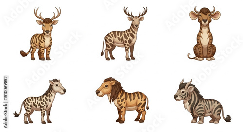 Set of six cartoon wild animals with stripes and horns.