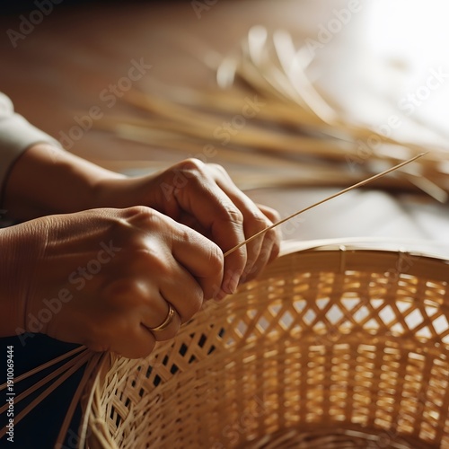 Close up of Artisan Hands Weaving Traditional Bamboo Wicker Basket in Craft Workshop with Warm Light