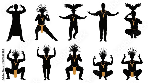 Silhouettes of people in various athletic and ritualistic poses
