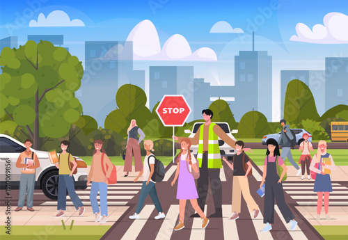 A man in a reflective vest holds a stop sign as a group of children crosses the road at a crosswalk. A worker is regulating traffic. Vector Not AI generated