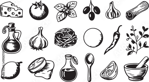 Hand-Drawn Black and White Italian Cooking Ingredients Collection for Culinary Design
