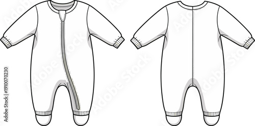 Technical flat sketch of baby romper jumpsuit with zipper closure, front and back views, apparel template for childrenswear fashion design illustration