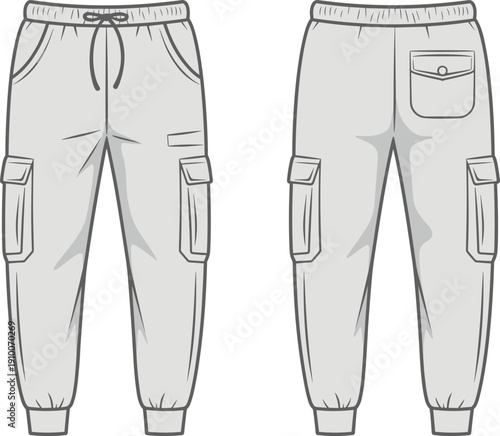 Technical flat sketch of cargo jogger pants with elastic waistband and drawstring, multiple utility pockets, front and back views, vector apparel template illustration