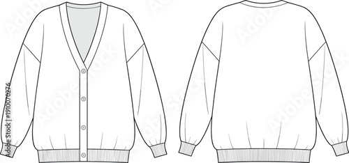 Technical flat sketch of buttoned cardigan sweater with ribbed cuffs and hem, front and back views, apparel template for fashion design illustration
