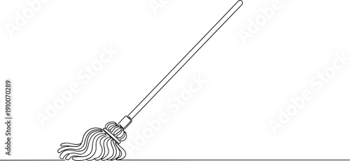 Continuous line drawing of a floor mop for janitorial services, facility maintenance, and home hygiene minimalist branding