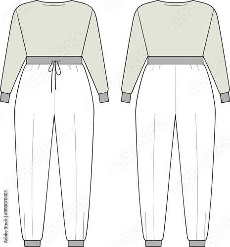 Technical flat sketch of cropped sweatshirt and jogger pants set, front and back views, apparel template for fashion design outline illustration