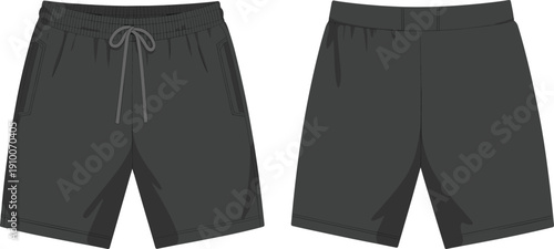 Technical flat sketch of dark athletic shorts with elastic waistband, front and back views, apparel template for sportswear fashion design illustration