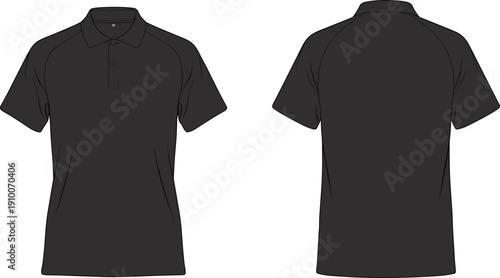 Technical flat sketch of dark short sleeve polo shirt, front and back views, apparel template for fashion design vector illustration