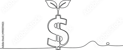 Continuous line drawing of a dollar sign with a sprout growing for financial growth and green investment