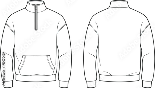 Technical flat sketch of half zip pullover sweatshirt with kangaroo pocket, front and back views, apparel template for fashion design, casual garment illustration