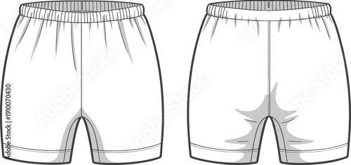 Technical flat sketch of elastic waist casual shorts, front and back views, apparel template for fashion design outline illustration