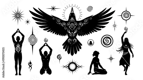 Mystical Bird and Human Figures in Symbolic Designs with Celestial Elements