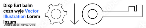 Gear, arrow pointing down, and key outline symbolizing process, direction, and unlocking solutions. Ideal for workflows, strategy, decision-making, problem-solving innovation security a simple