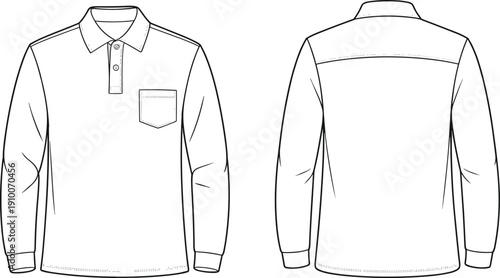 Technical flat sketch of long sleeve polo shirt with chest pocket, front and back views, apparel template for fashion design outline illustration
