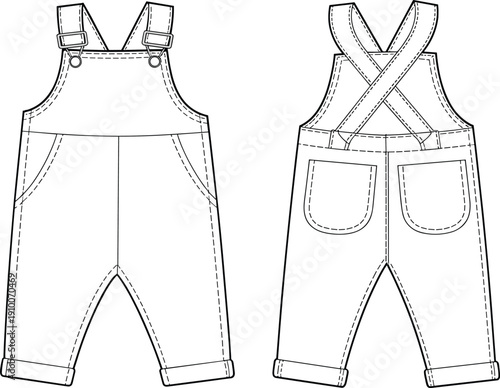 Technical flat sketch of kids denim overalls with adjustable straps and front bib pocket, front and back views, apparel template vector fashion illustration