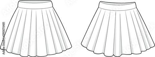 Technical flat sketch of pleated skirt with waistband, front and back views, apparel template for fashion design outline illustration