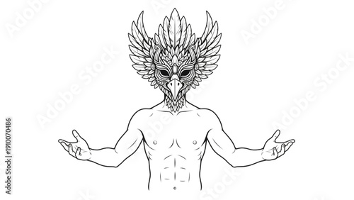 Enigmatic figure adorned with an intricate avian mask, presenting a mystical aura with outstretched arms in a symbolic ritual