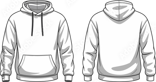 Technical flat sketch of pullover hoodie with drawstring hood and kangaroo pocket, front and back views, apparel template illustration